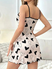 Heart Printed Casual Frill Trim Nightdress Sleepwear Lingeire Round Neck Backless Slip Dress Com