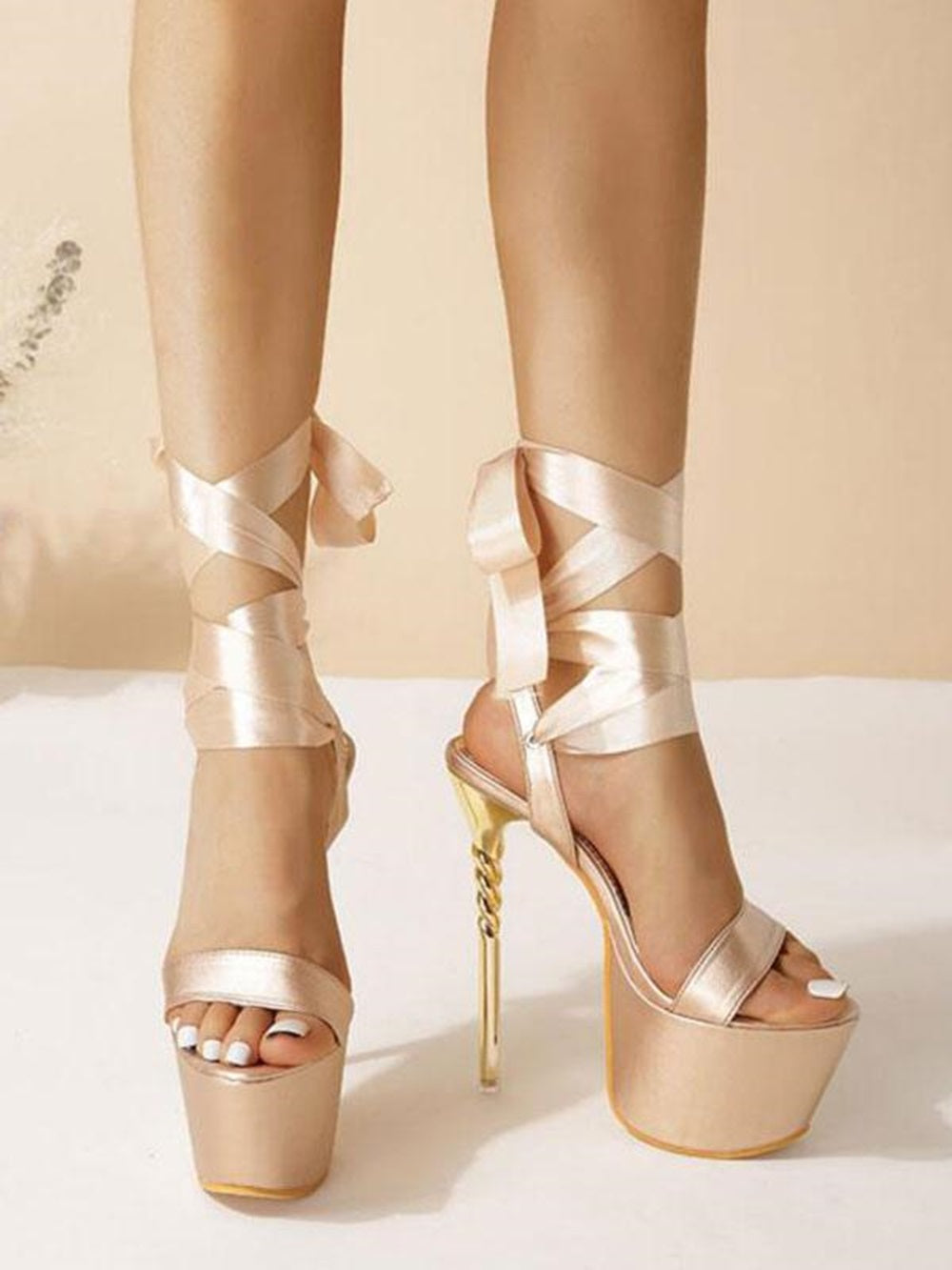 High Heel Sandals Champagne Satin Open Toe Shoes