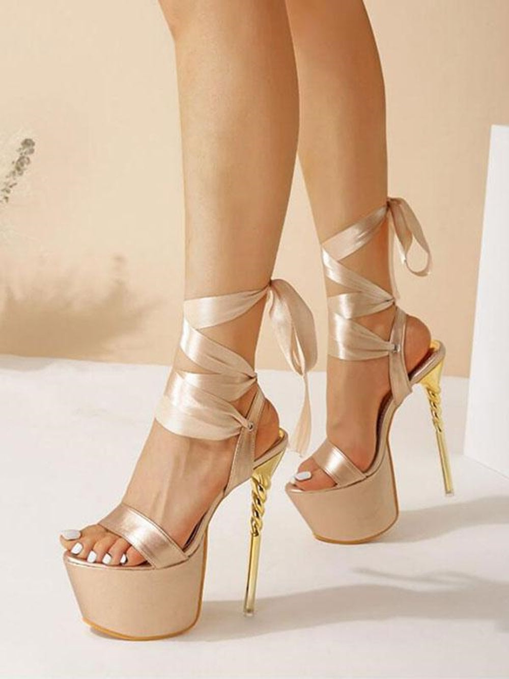 High Heel Sandals Champagne Satin Open Toe Shoes