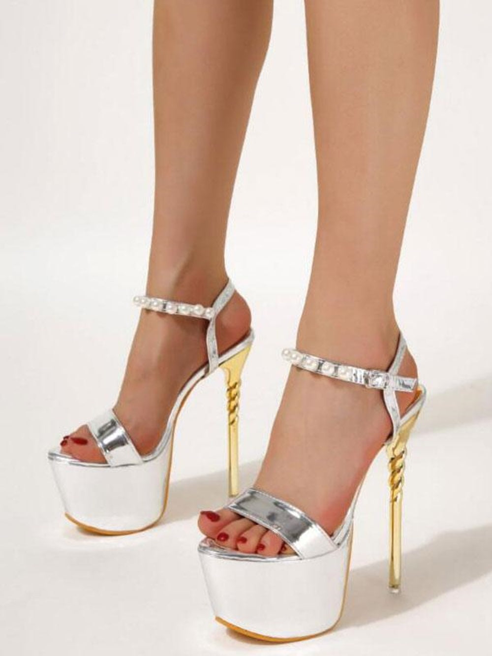 High Heel Sandals Silver PU Leather Open Toe Pearls Shoes