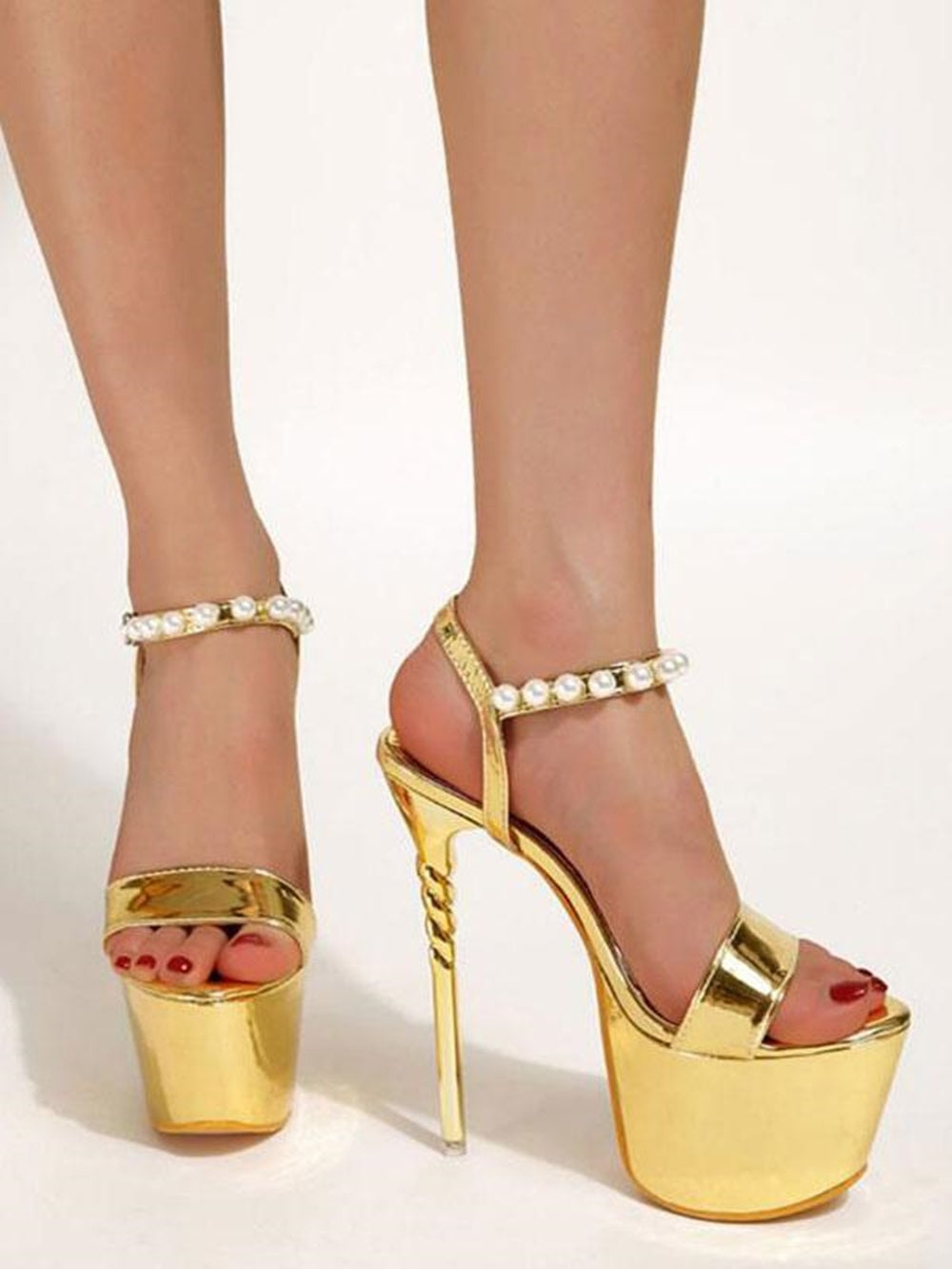 High Heel Sandals Silver PU Leather Open Toe Pearls Shoes