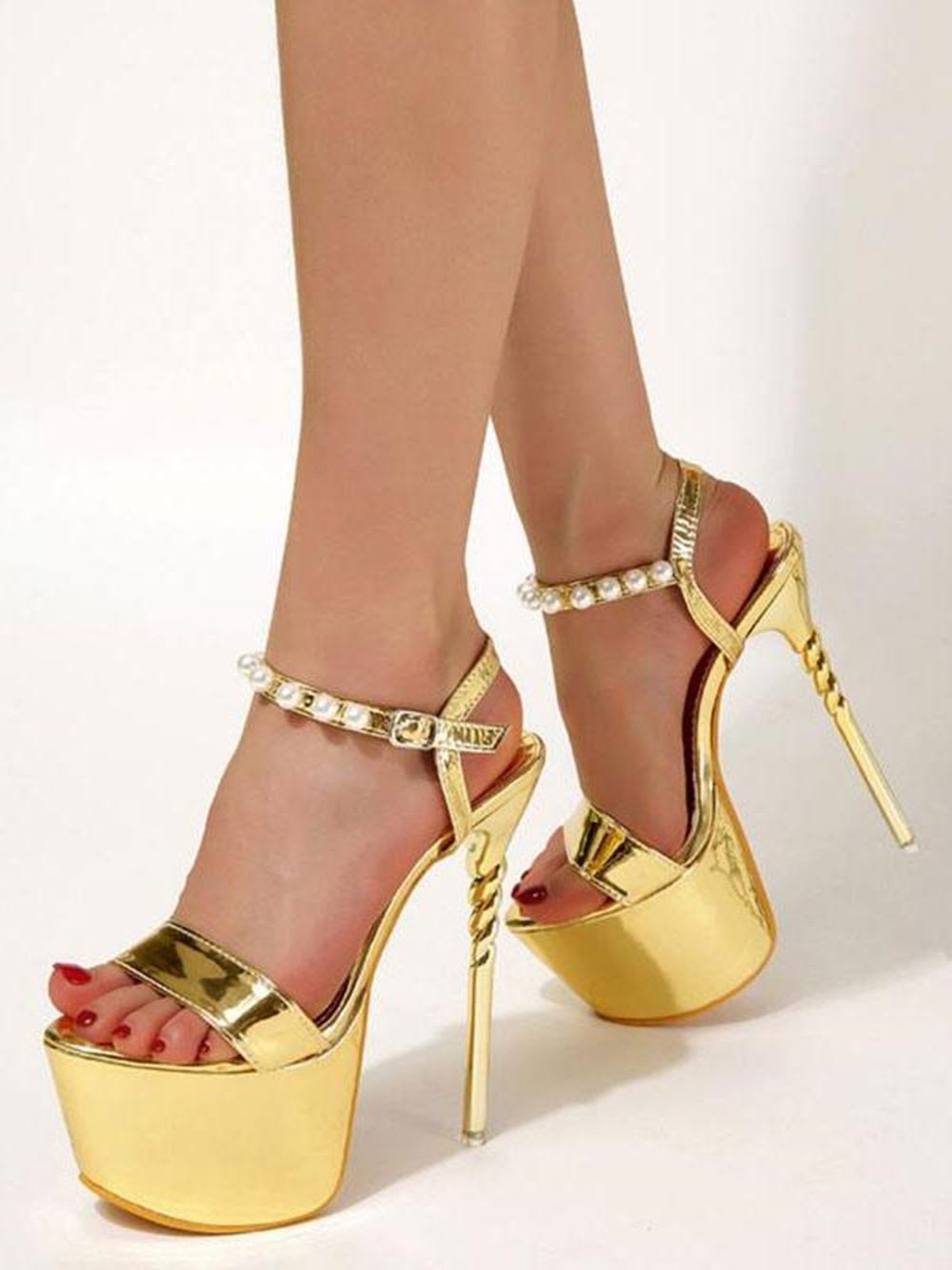 High Heel Sandals Silver PU Leather Open Toe Pearls Shoes