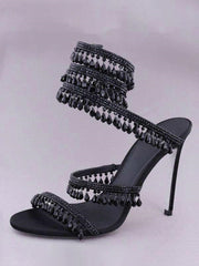 High Heel Sandals Women Open Toe Rhinestones Lace Up Prom shoes