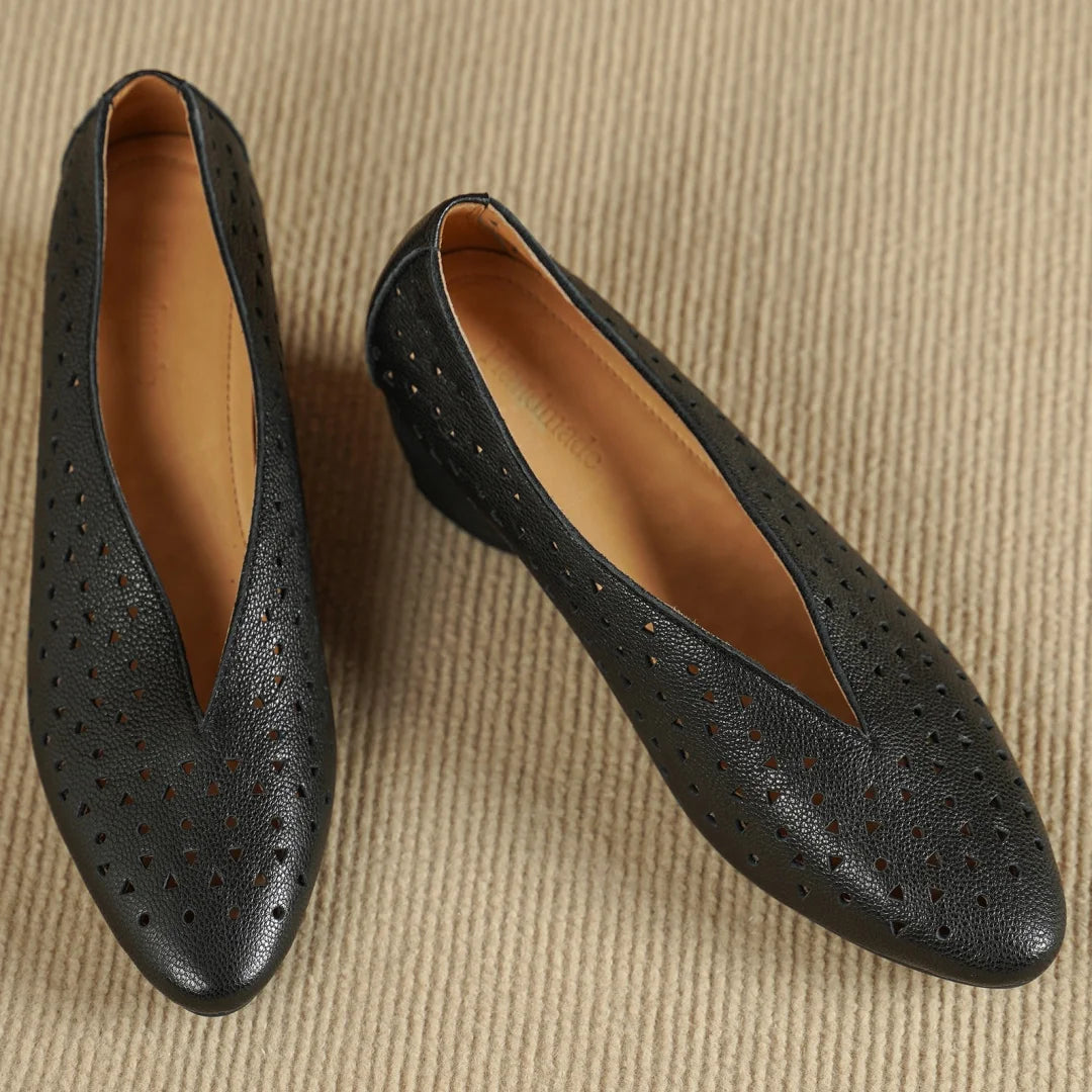Hollow-Out Sheepskin Pointed Toe Slip-on Breathable Thick Med Heel Pumps