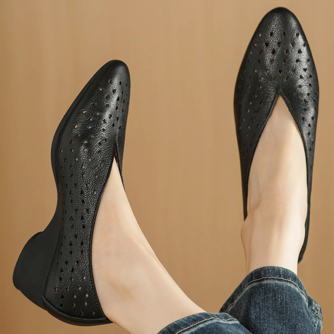 Hollow-Out Sheepskin Pointed Toe Slip-on Breathable Thick Med Heel Pumps