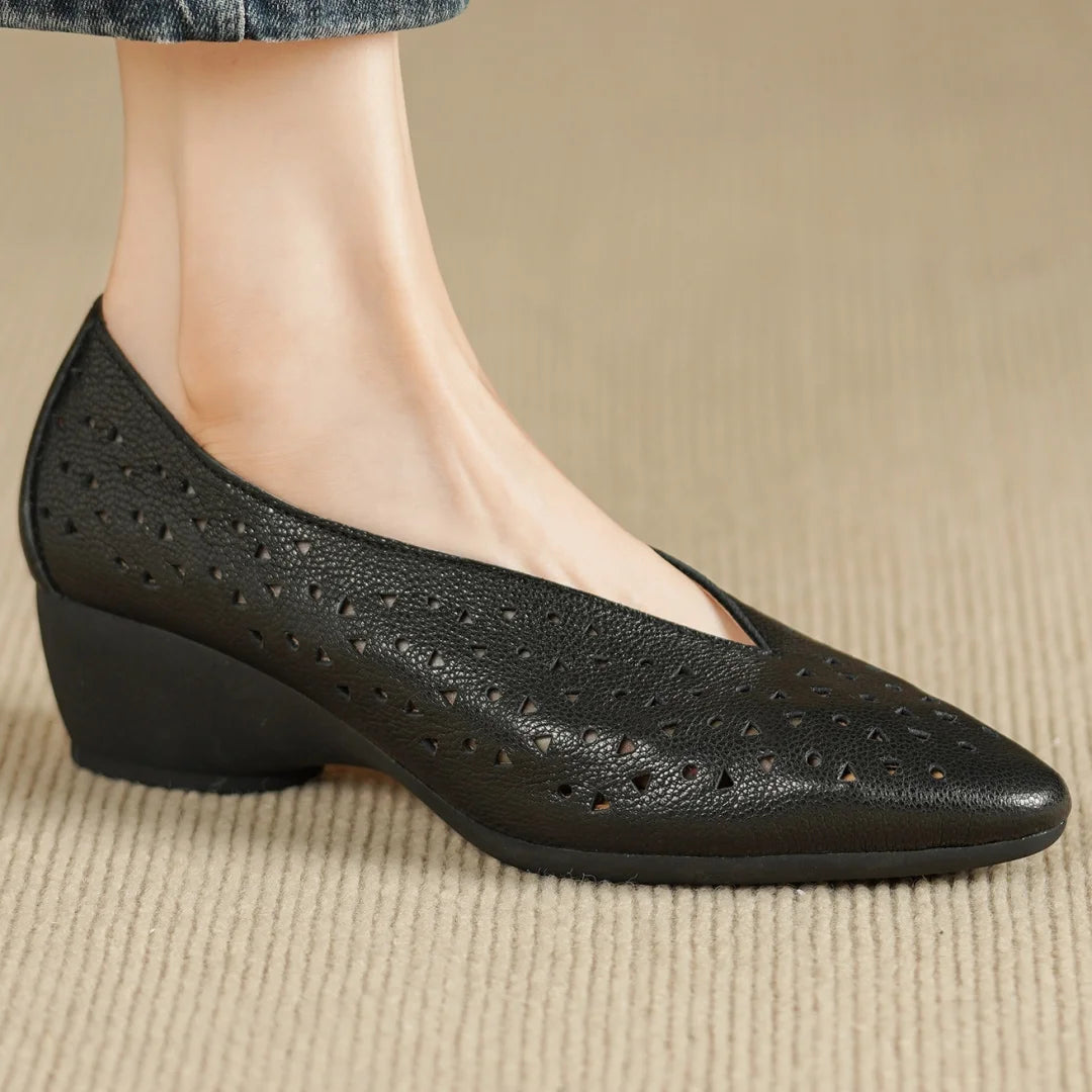 Hollow-Out Sheepskin Pointed Toe Slip-on Breathable Thick Med Heel Pumps