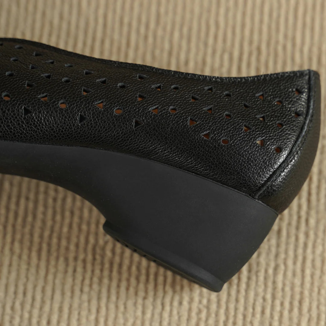 Hollow-Out Sheepskin Pointed Toe Slip-on Breathable Thick Med Heel Pumps
