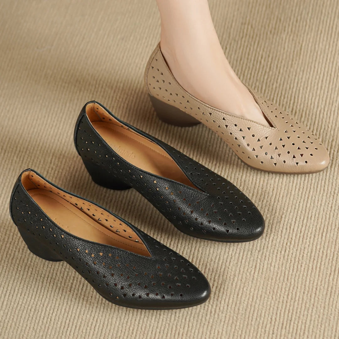 Hollow-Out Sheepskin Pointed Toe Slip-on Breathable Thick Med Heel Pumps