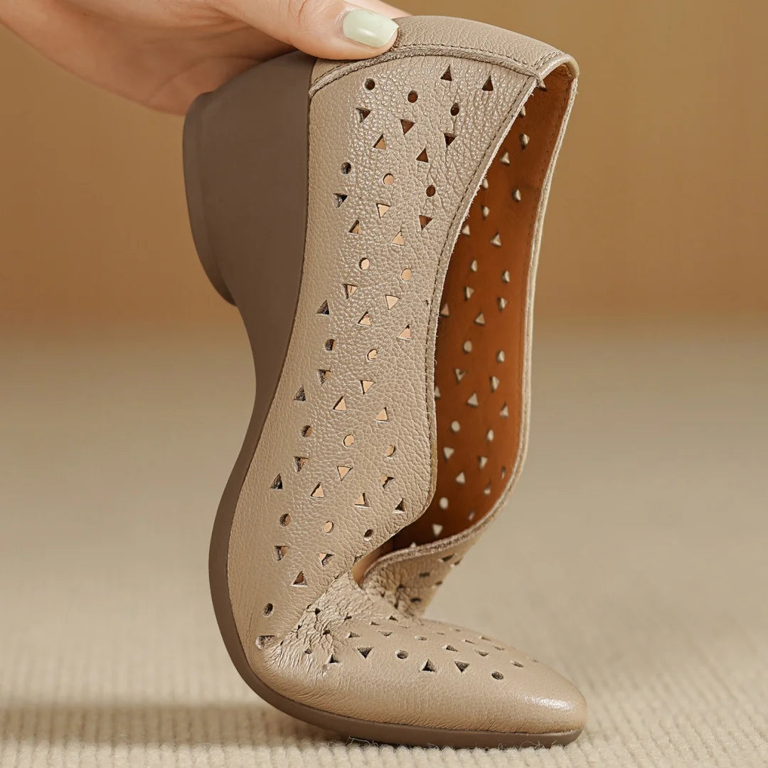 Hollow-Out Sheepskin Pointed Toe Slip-on Breathable Thick Med Heel Pumps