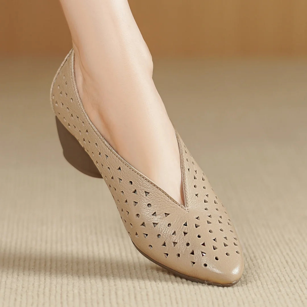 Hollow-Out Sheepskin Pointed Toe Slip-on Breathable Thick Med Heel Pumps