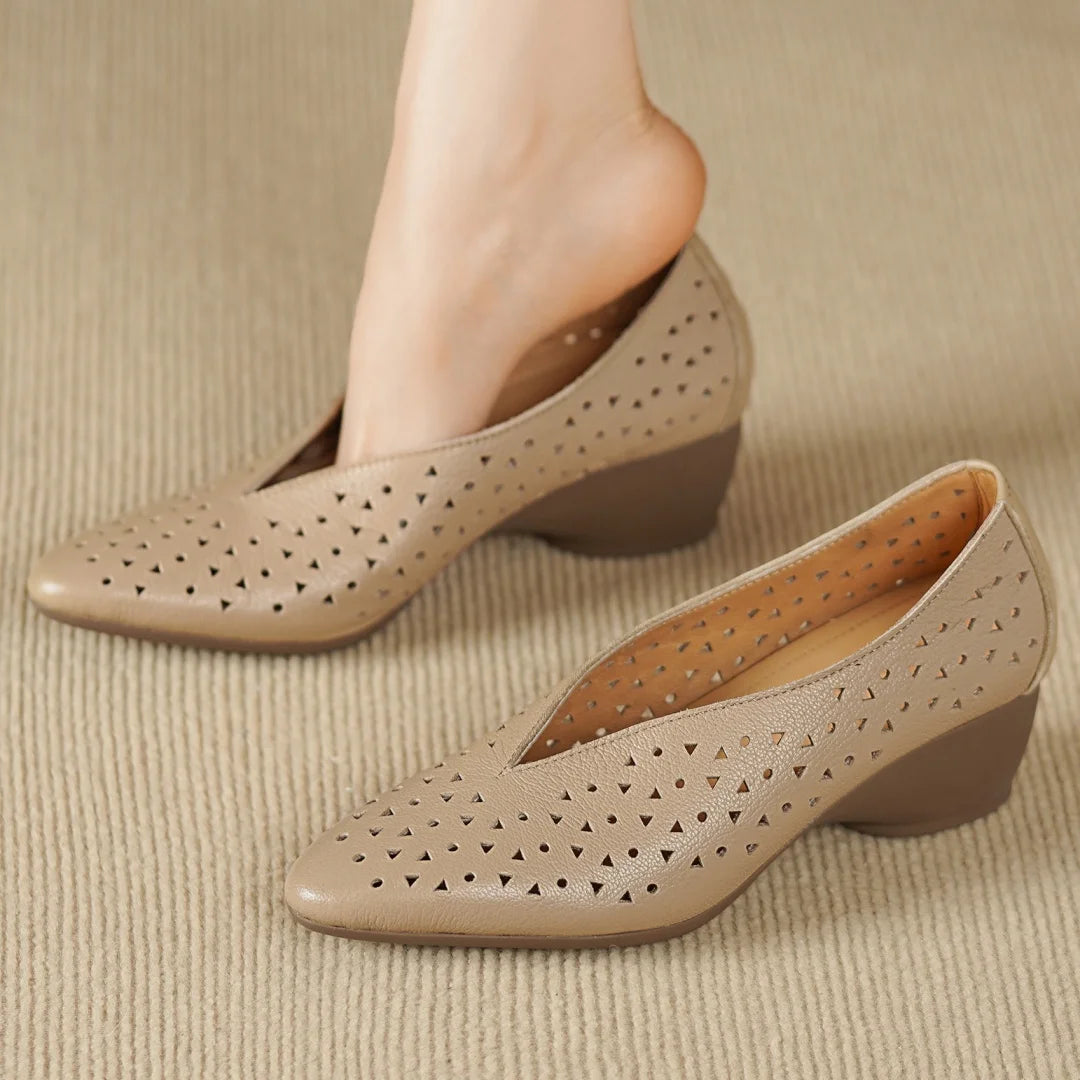 Hollow-Out Sheepskin Pointed Toe Slip-on Breathable Thick Med Heel Pumps