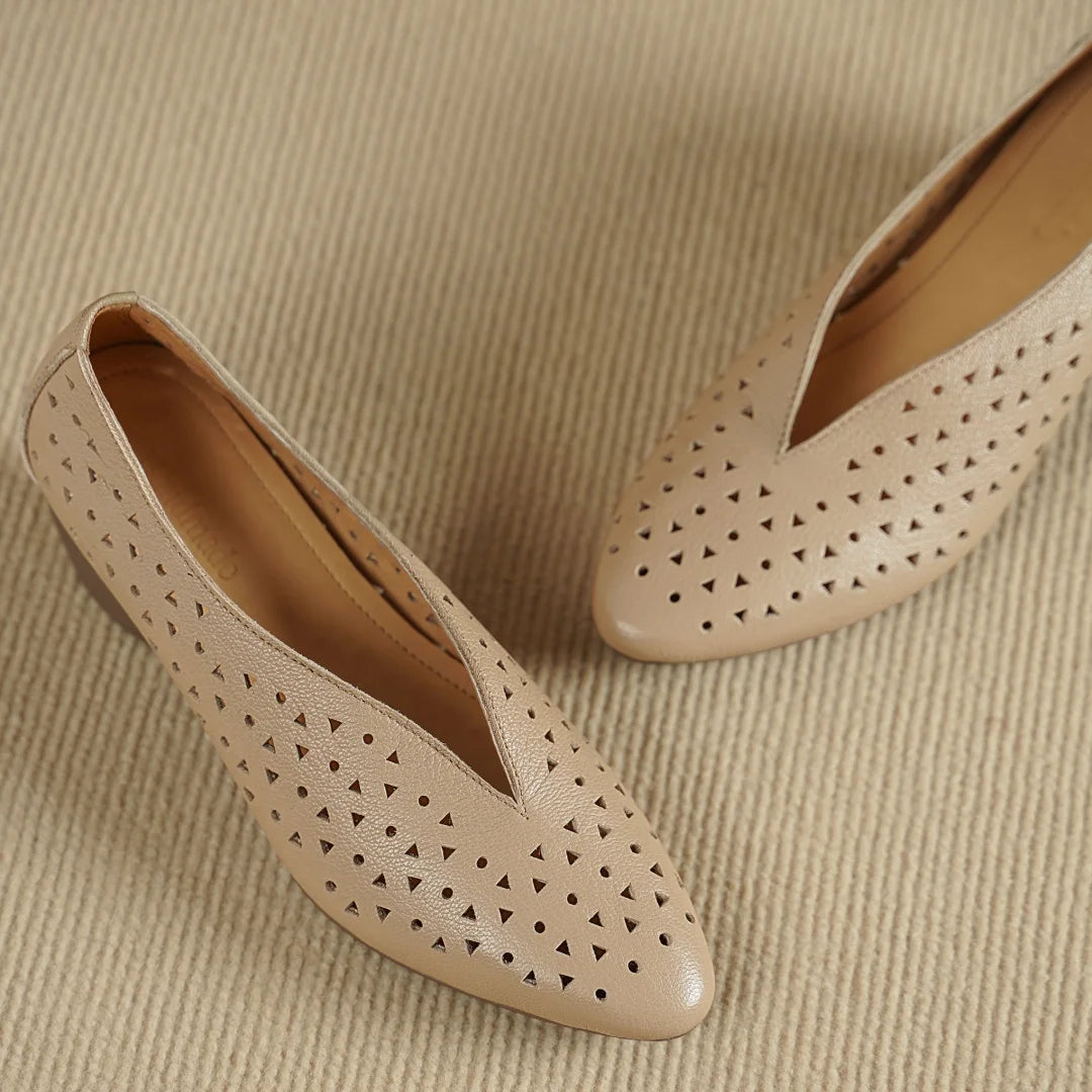 Hollow-Out Sheepskin Pointed Toe Slip-on Breathable Thick Med Heel Pumps
