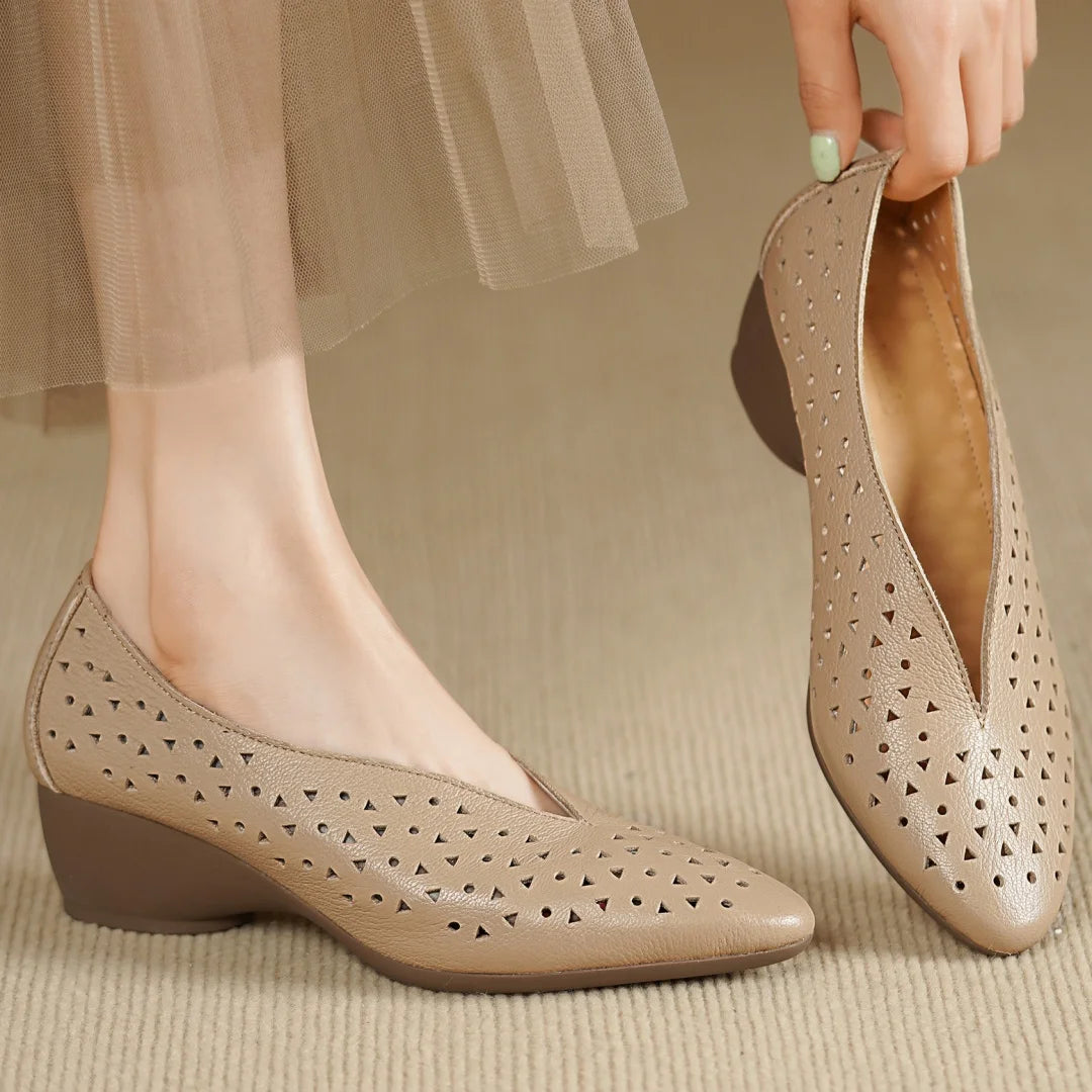 Hollow-Out Sheepskin Pointed Toe Slip-on Breathable Thick Med Heel Pumps
