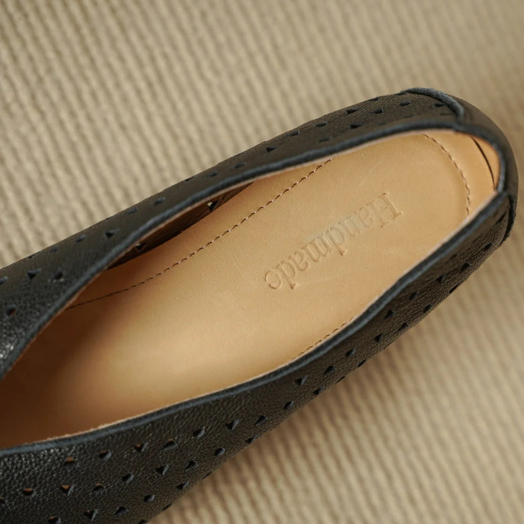 Hollow-Out Sheepskin Pointed Toe Slip-on Breathable Thick Med Heel Pumps