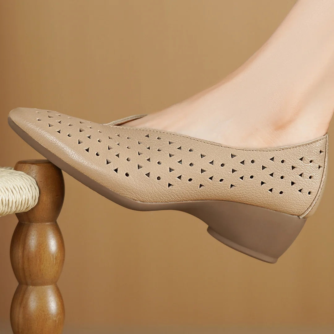 Hollow-Out Sheepskin Pointed Toe Slip-on Breathable Thick Med Heel Pumps