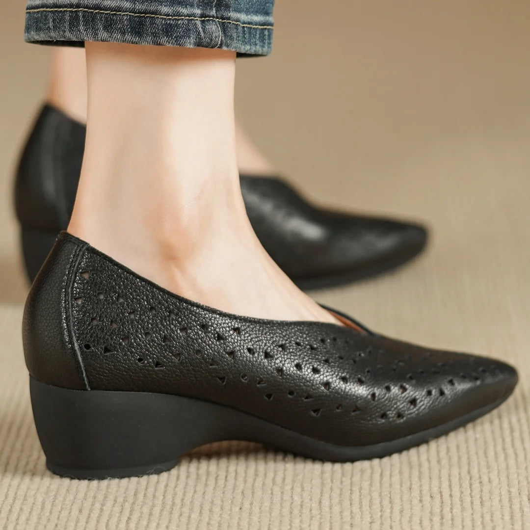 Hollow-Out Sheepskin Pointed Toe Slip-on Breathable Thick Med Heel Pumps