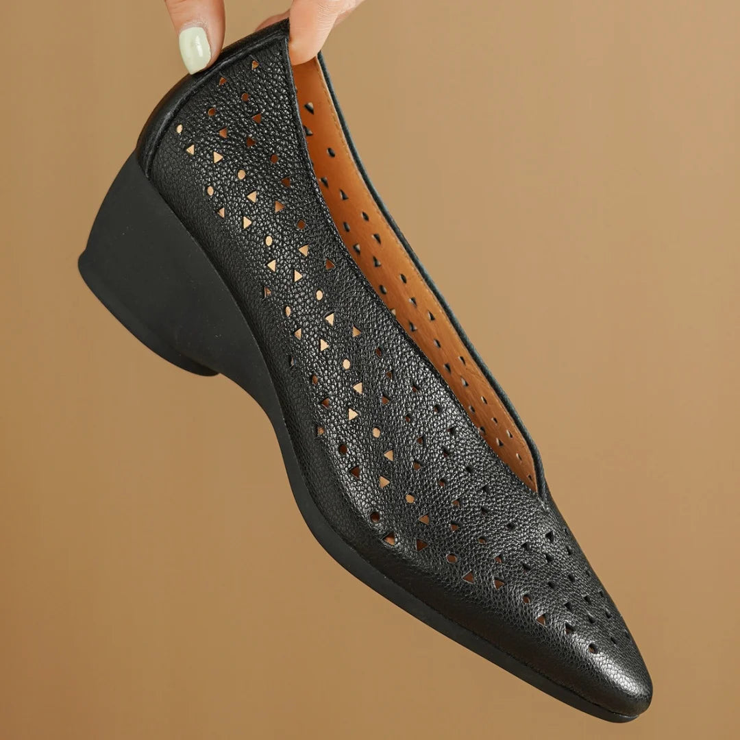 Hollow-Out Sheepskin Pointed Toe Slip-on Breathable Thick Med Heel Pumps