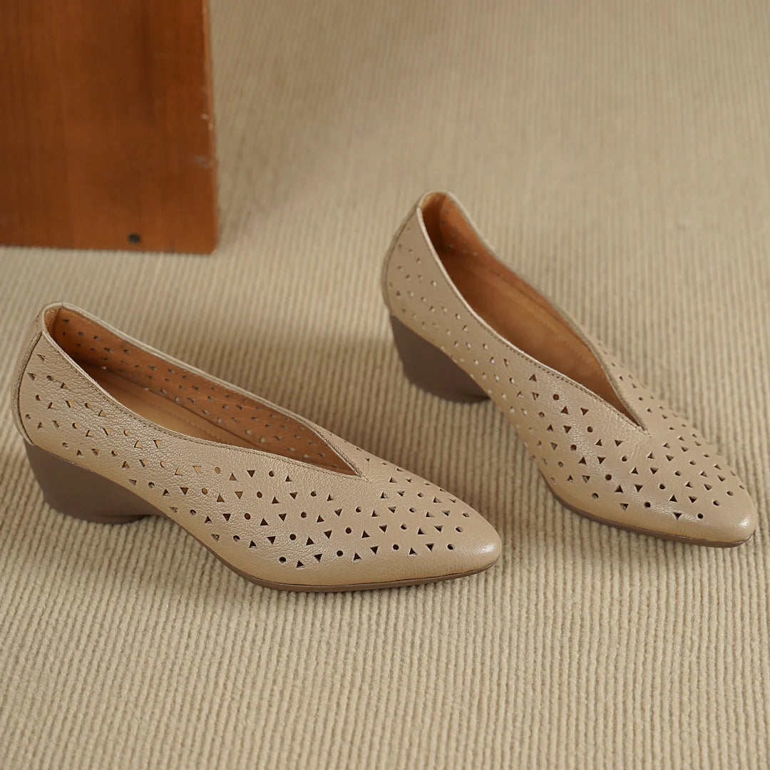 Hollow-Out Sheepskin Pointed Toe Slip-on Breathable Thick Med Heel Pumps