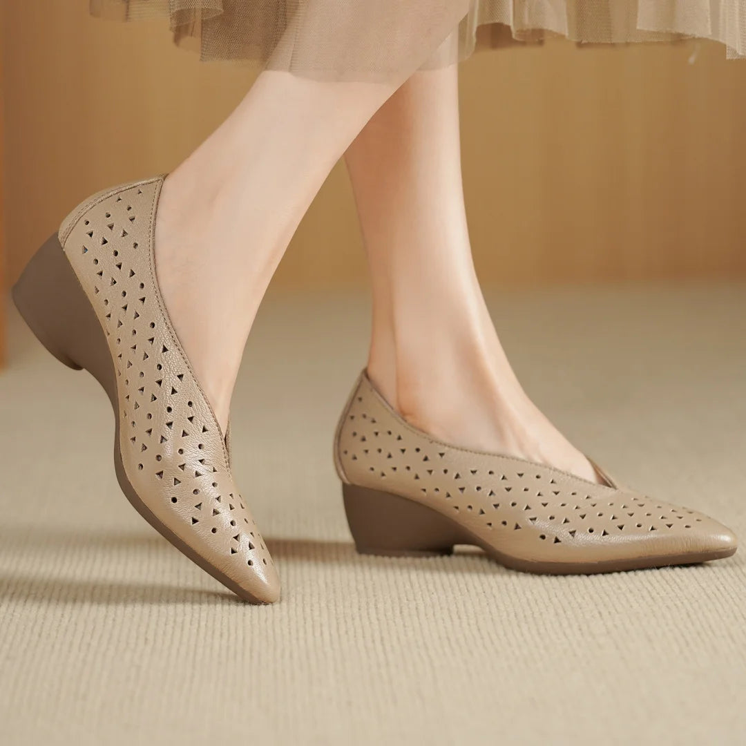 Hollow-Out Sheepskin Pointed Toe Slip-on Breathable Thick Med Heel Pumps