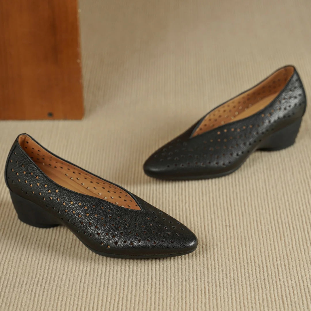 Hollow-Out Sheepskin Pointed Toe Slip-on Breathable Thick Med Heel Pumps