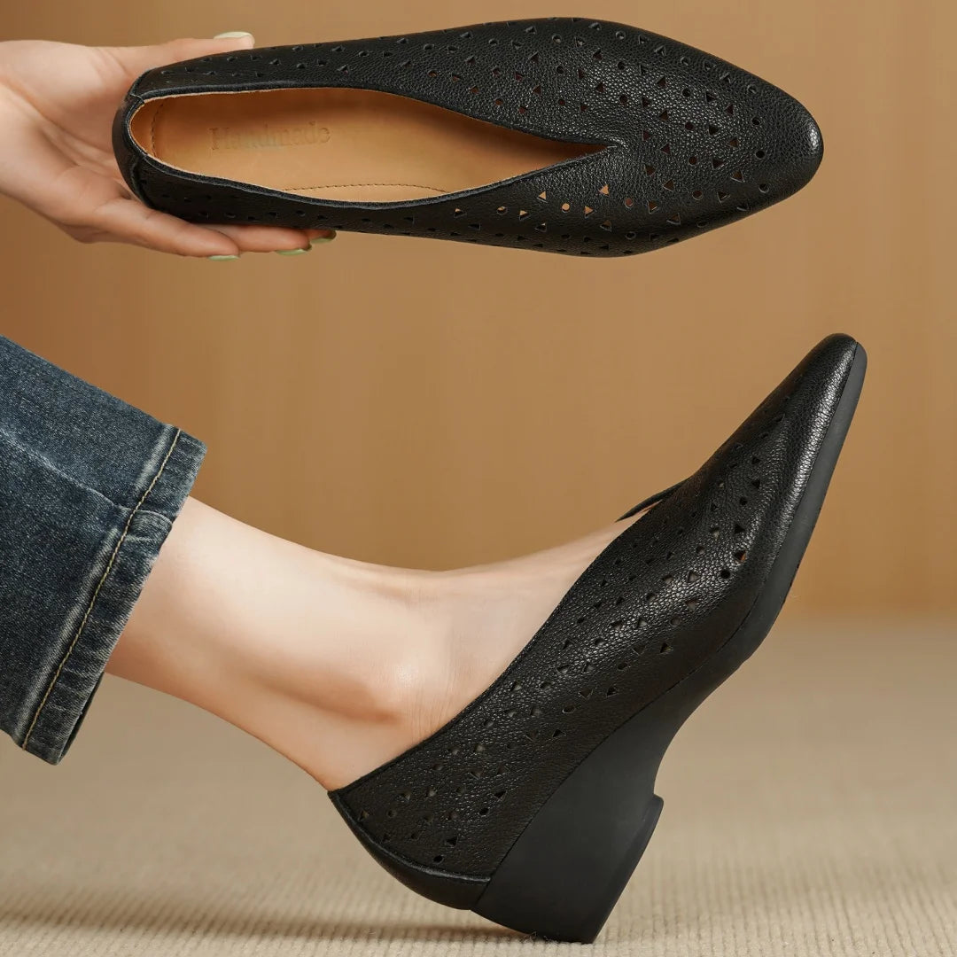 Hollow-Out Sheepskin Pointed Toe Slip-on Breathable Thick Med Heel Pumps