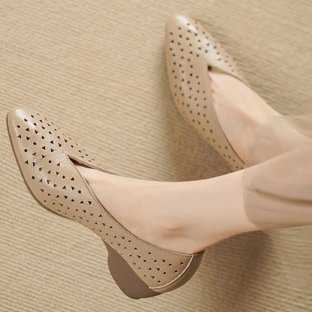 Hollow-Out Sheepskin Pointed Toe Slip-on Breathable Thick Med Heel Pumps