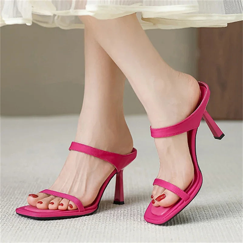Hollow Out Square Toe Thin Heels Party Dress Slides Shoes