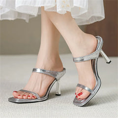 Hollow Out Square Toe Thin Heels Party Dress Slides Shoes
