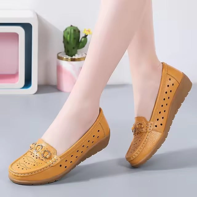 Hollow out Genuine Leather Bottom Bean Surface Anti-slip Soft Sole Shoes