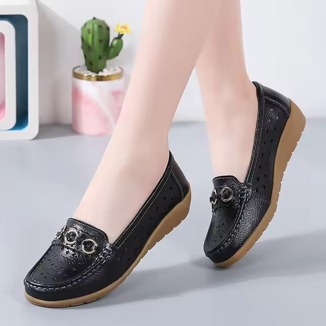 Hollow out Genuine Leather Bottom Bean Surface Anti-slip Soft Sole Shoes
