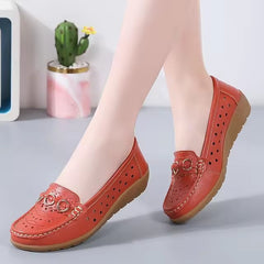 Hollow out Genuine Leather Bottom Bean Surface Anti-slip Soft Sole Shoes