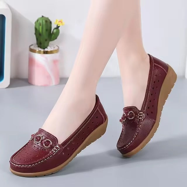 Hollow out Genuine Leather Bottom Bean Surface Anti-slip Soft Sole Shoes