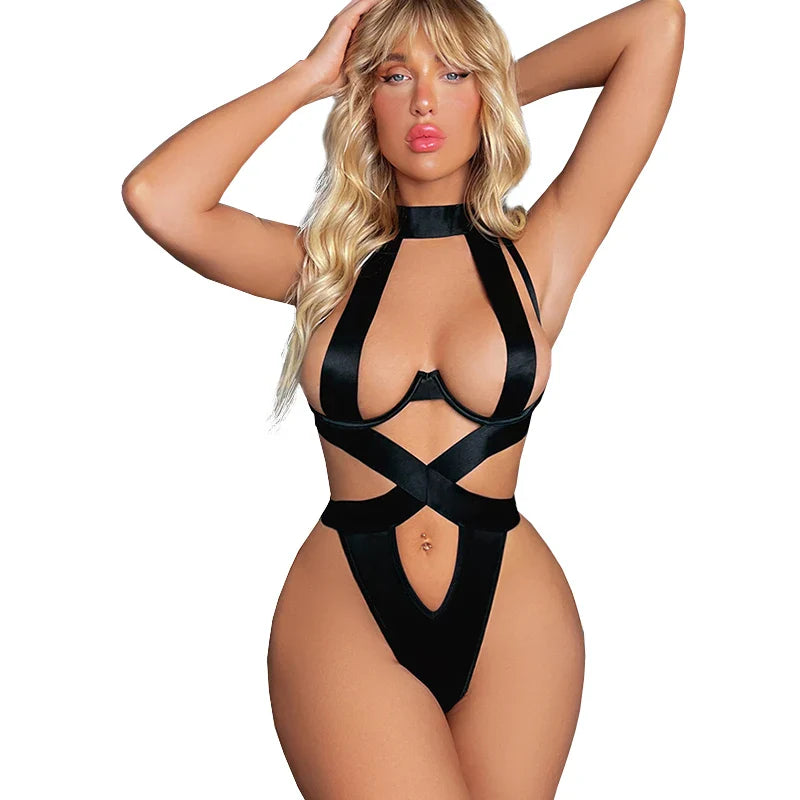 Black Halter SM Lingerie  Bodysuit Bandage One Piece Bra Exotic Costumes Teddy Baby Doll Dress Push Up Underwear