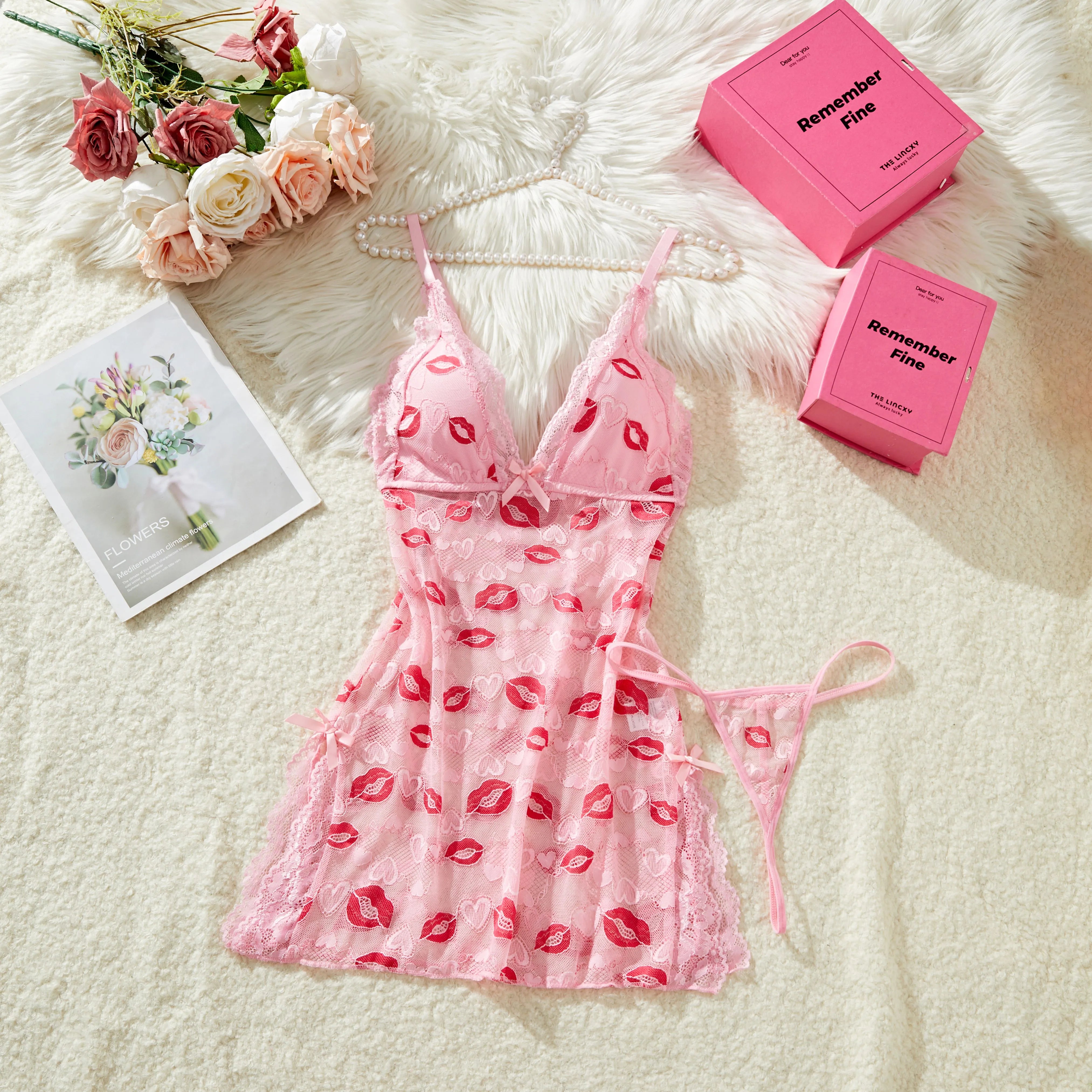 Girl Babydoll Dress Sleeveless Spaghetti Strap Mini Party Nightwear Thong Underwear Lingerie Date Gift Set