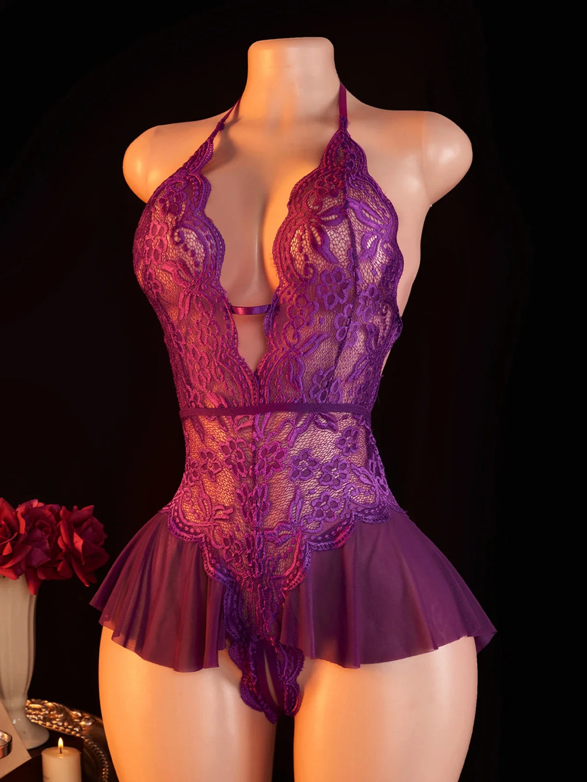 Lingerie Crotchless Porn Underwear Hollow Backless Babydolls Bodysuit Deep V Open Bra Night Dress Transparent Clothing