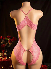 Lingerie Pink Crotchless Porn Underwear Hollow Backless Bodysuit Deep V Open Bra Night Dress Transparent Date Pajamas