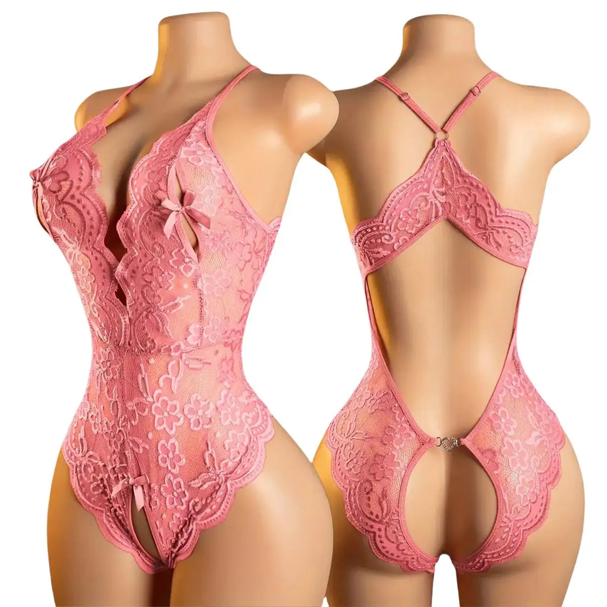 Lingerie Pink Crotchless Porn Underwear Hollow Backless Bodysuit Deep V Open Bra Night Dress Transparent Date Pajamas