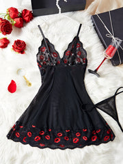 Red Lips Lace Contrasting Babydoll Dress Mesh Slimming Erotic Lingerie With Thongs