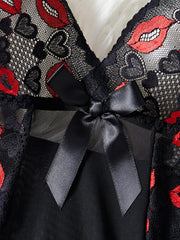 Red Lips Lace Contrasting Babydoll Dress Mesh Slimming Erotic Lingerie With Thongs