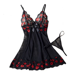 Red Lips Lace Contrasting Babydoll Dress Mesh Slimming Erotic Lingerie With Thongs