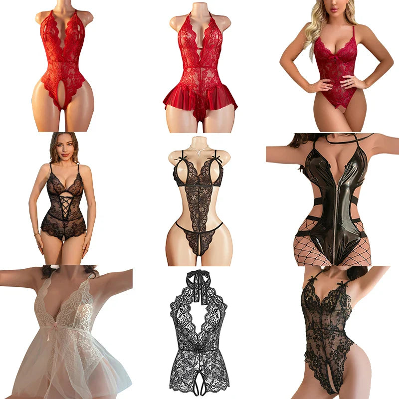 Sell Crotchless Lingerie Combination Lace Hollow Bodysuit Teddy Babydoll Dress Deep V Open Bra Erotic Underwear