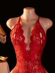 Sell Crotchless Lingerie Combination Lace Hollow Bodysuit Teddy Babydoll Dress Deep V Open Bra Erotic Underwear