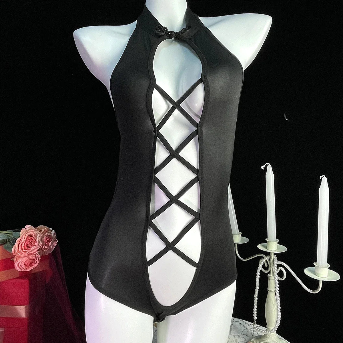 Lingerie Lace Erotic Teddy Bodysuit Underwear Hollow Perspective Crotchless Stripper Clothing Babydoll Dress