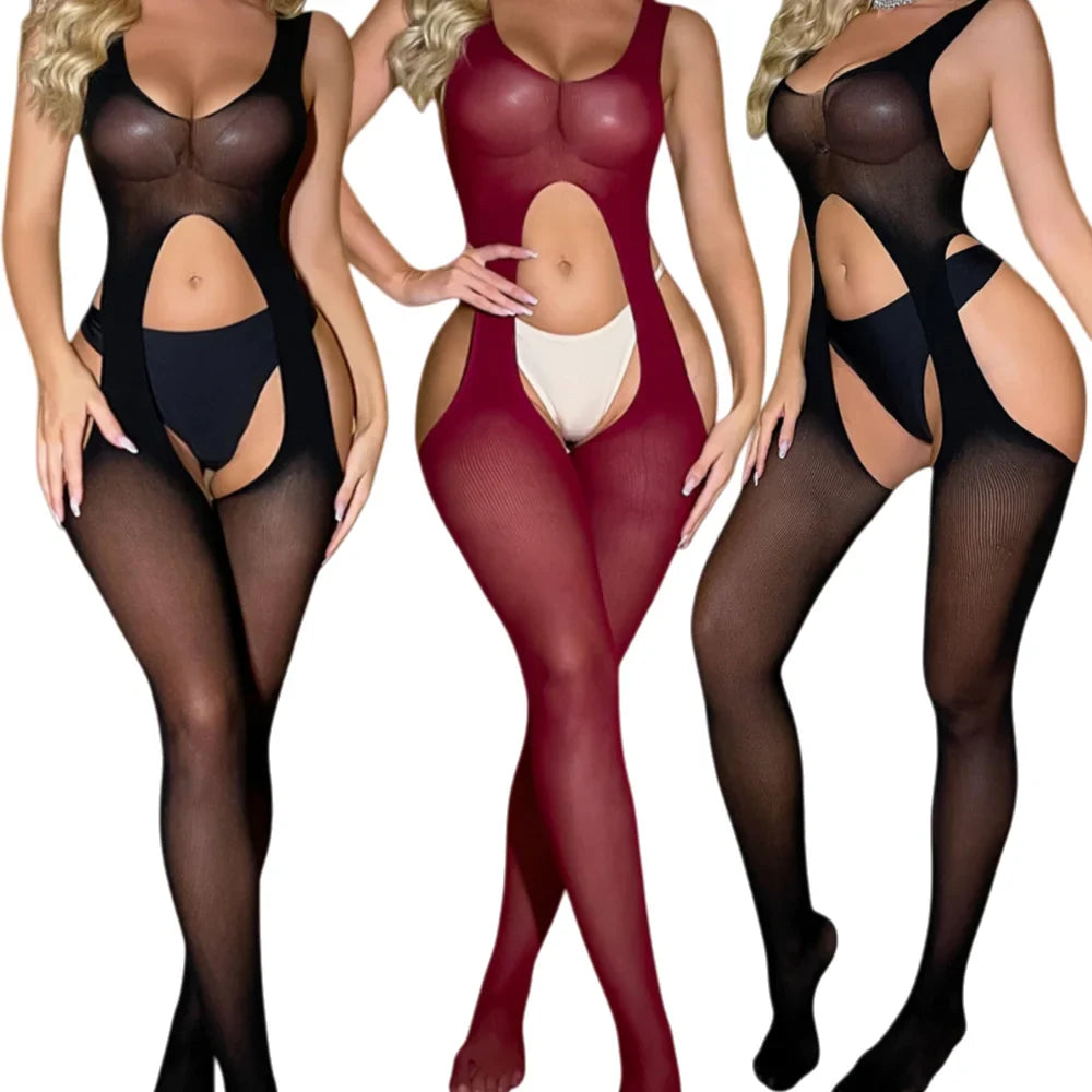 Lingerie Full Bodystockings Fishnet Mesh Bodysuit Open Crotchless Tights