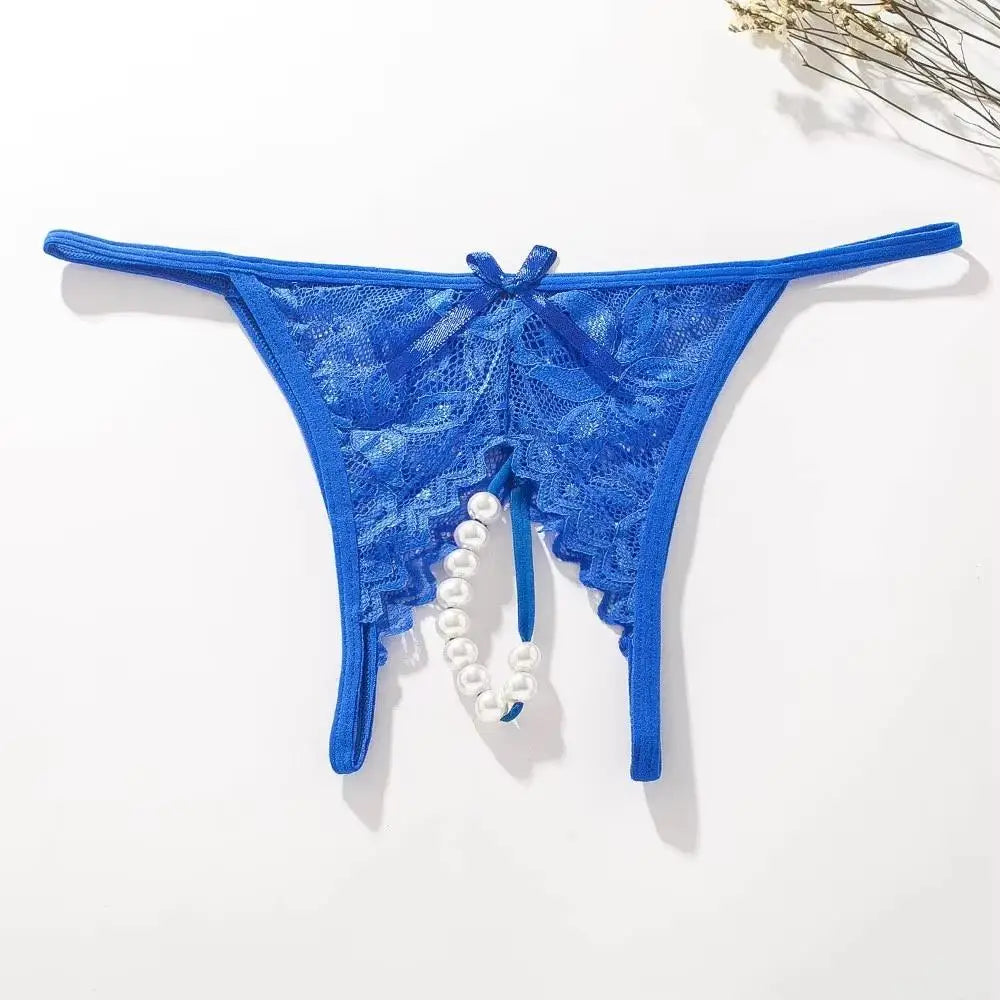 Mesh Hollow Female Lingerie Transparent Crotchless Lace Open Crotch Beading Panties Underwear Erotic Costume