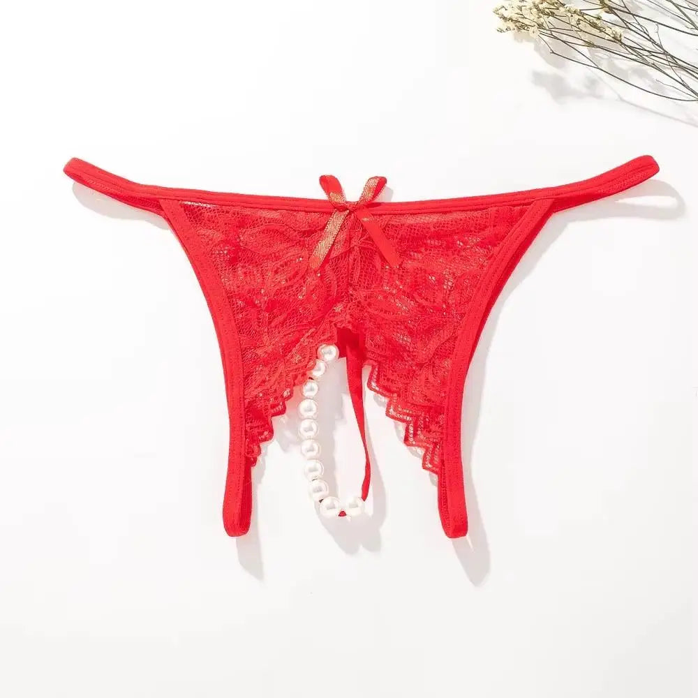 Mesh Hollow Female Lingerie Transparent Crotchless Lace Open Crotch Beading Panties Underwear Erotic Costume