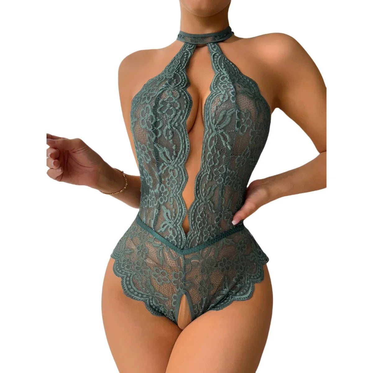 Clothing Deep V-neck Halter Bodysuit Woman Body Lace Lingerie One Piece Erotic Crotchless Intimate Fetish Dress