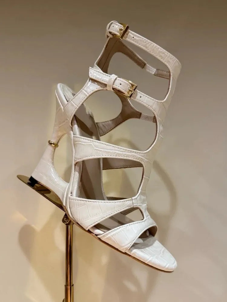 Buckle Strap Microfiber Sewing Irregular Hollow Coarse High Heel Sandals
