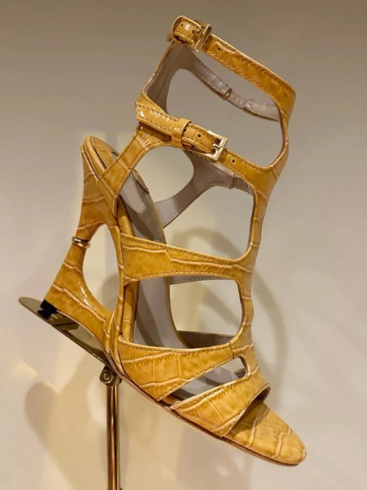 Buckle Strap Microfiber Sewing Irregular Hollow Coarse High Heel Sandals