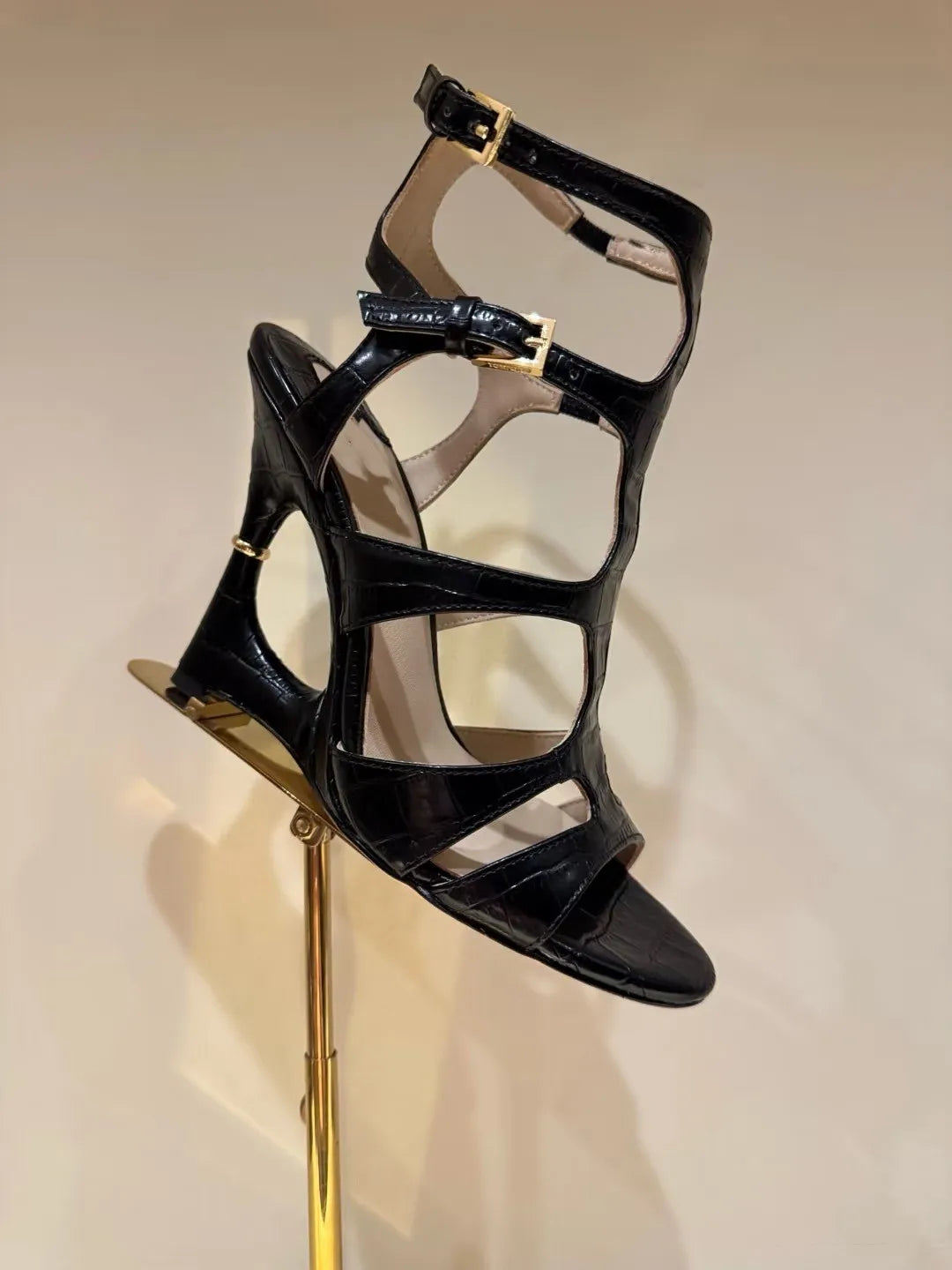 Buckle Strap Microfiber Sewing Irregular Hollow Coarse High Heel Sandals